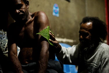 A Mooi man applies a medicinal plant to a man suffering with malaria. The Mooi are one of the indigenous people who live off the forests of West Papua. Their ancestral lands are being devastated by lo...