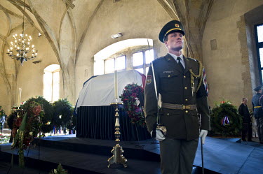 A soldier stands guard in front of the coffin of Vaclav Havel in the Vladislave Hall of Prague Castle. Havel was a playwright, essayist and poet who became active as a dissident after the Soviet Invas...
