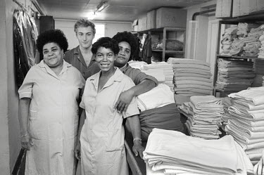 Laundry workers at St Charles Hospital in Notting Hill, West London.