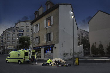 A composite, manipulated image showing the impact of climate change in an imagined future. Here, a Polar Bear, lying unconcious on a Geneva street, is attended to by Swiss emergency services.