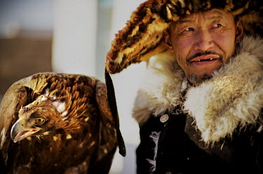 Kwanduk, an eagle hunter with his bird. The birds are carried on a thick glove and released, from horseback, to catch prey. The tradition is believed to originate in Central Asia some 6000 years ago a...