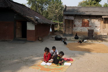 Munda children doing their homework in the courtyard of their family home in Idulbera Village. The Munda are an Adavasi (tribal) people generally considered the indigenous peoples of the Indian subcon...