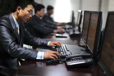 Students using computers in the Kim Il-sung University's electronic library.