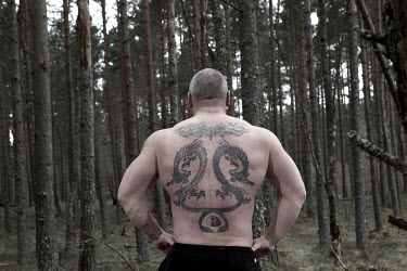 43 year old Jason Young, a veteran highland games man, hunts for cabers near his house in Tain, north of Inverness, showing the tattoos on his back. He is the seven time winner of the Cowal Gathering,...