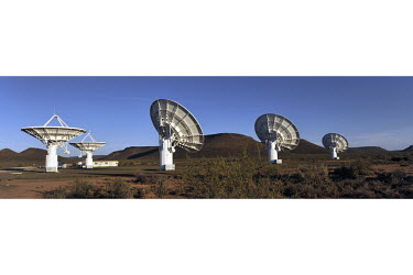 A panoramic image of dishes of the MeerKAT array (KAT-7), the largest and most sensitive radio telescope in the southern hemisphere, until the Square Kilometer Array (SKA) is completed on the site in...