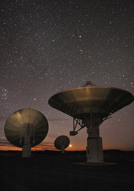 Dishes of the MeerKAT array (KAT-7), the largest and most sensitive radio telescope in the southern hemisphere, until the Square Kilometer Array (SKA) is completed on the site in 2024. These dishes ar...