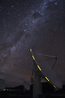 One of the dishes of the MeerKAT array (KAT-7), the largest and most sensitive radio telescope in the southern hemisphere, until the Square Kilometer Array (SKA) is completed on the site in 2024. Thes...