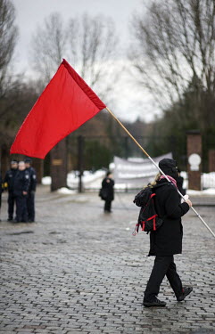 A supporter of the political party Die Linke (The Left) waves a red flag at a memorial event held for Rosa Luxemburg and Karl Liebknecht in the Friedrichsfelde Cemetery, where they are both buried.