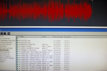 A computer screen as part of the production equipment during the show Voices of Kidnapping (Voces del Secuestro), broadcast from midnight to 6am on Sundays. Family members and friends can call in to b...