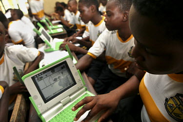 Students using their laptops at the Community Secondary School Rumuomasi as part of the One Laptop per Child (OLPC) project. This seeks 'to create educational opportunities for the world's poorest chi...
