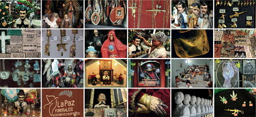 A composite image showing different religions imagery related to the drug trafficking violence in Mexico.