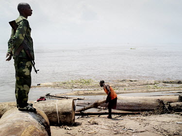 On the banks of the Congo River, near the capital Kinshasa, valuable timber arrives from the tropical forests further upstream. Soldiers from D.R. Congo's armed forces (Forces Armees de la Republique...