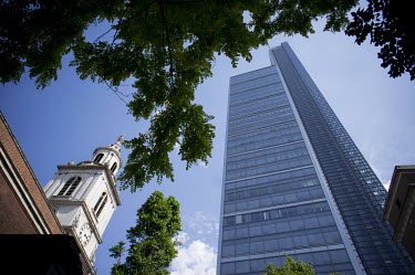The tower of the church of St Botolph without Bishopsgate and Heron Tower, 110 Bishopsgate, City of London. Heron tower was, in 2012, London's second tallest building, rising 242 metres over 46 floors...