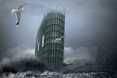 A composite, manipulated image showing the impact of climate change in an imagined future. Here, the WMO (World Meteorological Organization) in Geneva looks like it's sailing like a ship. The analogy...