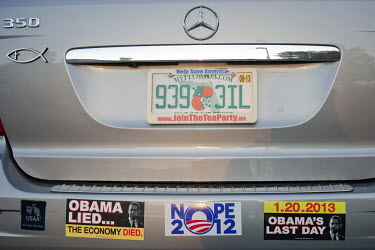 Political bumper stickers on a car outside a Tea Party meeting in St. Augustine, Florida. The US Presidential election will be held on 6 November, 2012.