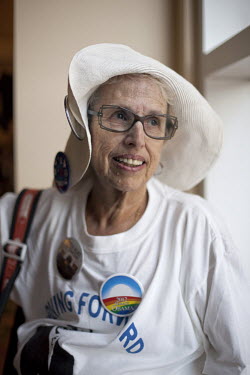 Suzan Barr, a supporter of President Obama, at a campaign rally in Orlando, Florida where former President Bill Clinton made a speech. Originally from New York, she is 74 years old. She said: 'Obama h...