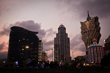 Dusk in the special administrative region of Macau, including the Grand Lisboa to the left, Bank of China (centre).