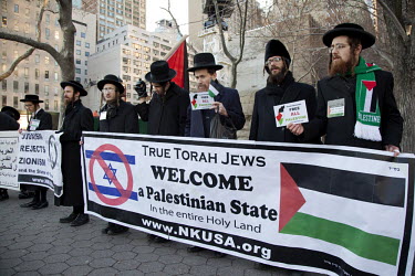 Orthodox Jews from the organisation Neturei Karta International gather near the United Nations in Manhattan to show their support for a resolution in the General Assembly to upgrade Palestine to a non...