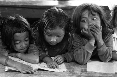Three young girls reading from a text book during a class at school.