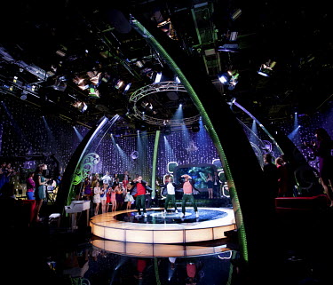 Weekend, a disco polo band, during recording of a ^What's that melody^ programme at the Polish TV. Disco polo is a type of dance music which originated in rural areas of Poland. Though considered tack...