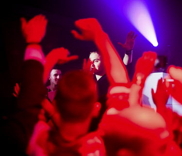 Patryk Pegza, the leader of After Party, a band that plays disco polo music, in concert at the Eden club in Trojany near Warsaw. Disco polo is a type of dance music which originated in rural areas of...