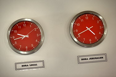 Clocks on the wall of the synagogue show the local time and the time in Jerusalem. The community, one of many worldwide, are so-called 'lost Jews'. These communities, often previously Christians, clai...