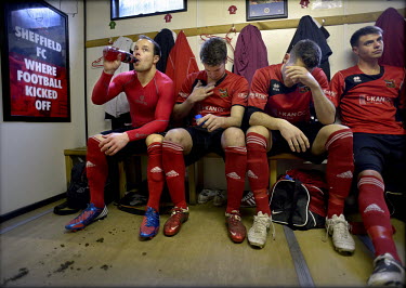 Sheffield FC players during a team talk prior to a game at the Coach and Horses Ground BT Business Local Stadium) in Dronefield, Derbyshire. Founded in 1857, they are officially the oldest football cl...