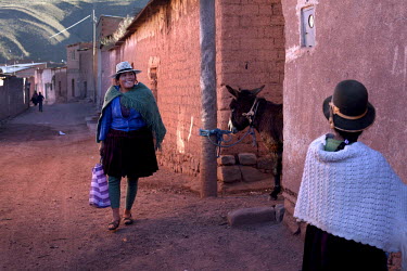 A woman walks down the road in Macha past a donkey tethered to a post.   The people of Macha and surrounding communities carry on the pre-Columbian tradition of ritual fighting. The communities gather...