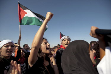 Bedouin youth wave the Palestinian flag during a protest against the 'Prawer Plan', near the unrecognised Bedouin village of El-Arakib. The Prawer Commission, chaired by Ehud Prawer, Benjamin Netanyah...
