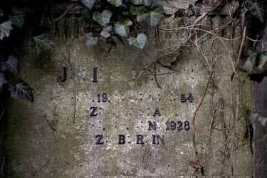 Ivy grows on a tombstone in the Weissensee Cemetery, the biggest Jewish cemetery in Europe.
