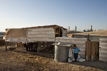 A boy stands next to a sheep pen in the unrecognised Bedouin village of Wadi el Na'am stands next to an Israel Electric Corporation's power station and the Ramat Hovav hazardous waste disposal facilit...
