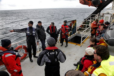 Alain Combemorel, an action coordinator, speaks to trainees taking part in boat training aboard the Greenpeace ship Arctic Sunrise, during its European sustainable fisheries tour campaign.