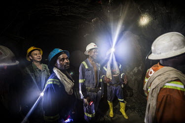Miners 900 metres underground at the NFCA's (Non-Ferrous Company Africa) Chambishi copper mine. Conditions are tough, it is hot and humid and managing the supply of fresh air, ventilation, and pumping...