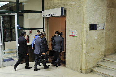 The Iranian delegation arrives at the Palais des Nations during the third, and ultimately successful, round of the E3/EU+3 Iran talks. The E3 / EU + 3 talks, which include the UK, France and Germany p...