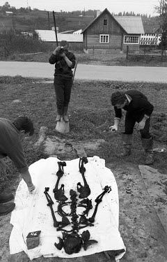 Staff working for Memorial, an organisation set up in 1988 to investigate crimes carried out under teh Soviet System, photograph an exhumed skeleton in order to identify it. They were exhuming bodies...