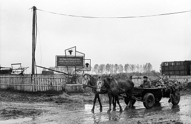 A man rides on a cart pulled by two horses at a kolkhoz, or collective farm, in the village of Barushkovtsi near Zhytomyr. As the Communist system collapsed during the run-up to Ukraine's declaration...