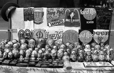 Ukrainian and Russian souvenirs on sale in Kiev.