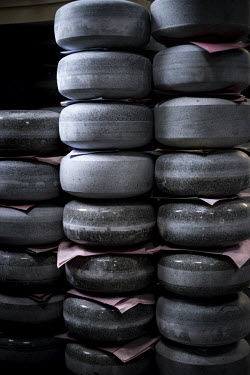 A stack of curling stones, made from Ailsa Craig granite, prior to being polished at Kay's in Mauchline, Faslane. The company uses the same rock to make the stones that will be used at the Sochi Olymp...