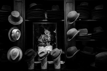 Hats on show at Bates hatters on Jermyn Street, London.  Reflected in a mirror is 'Binks', a stuffed cat who lived in the shop and died in 1926.