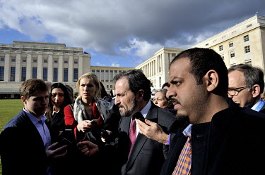 Louay Safi, Syrian Opposition Spokesman, talking to the internatinal media in front of the Palais des Nations during the Geneva II Syria talks. The Geneva II talks being held in Montreux and Geneva be...