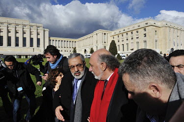 Syrian Minister of Information Omran al-Zoubi talking to the media in the park of the Palais des Nations during the Geneva II Syria talks. The Geneva II talks being held in Montreux and Geneva between...