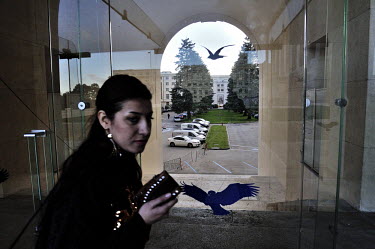 A visiting Arab Journalist goes to a temporary press room at the Palais des Nations during the Geneva II Syria talks. The Geneva II talks being held in Montreux and Geneva between 22 and 24 January 20...