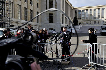 Murhaf Jouejati of the Syrian Opposition talks to the press at the UN Palais des Nations, after the opposition withdrew from face to face talks with the government. The Geneva II talks being held in M...