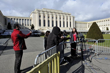 Rima Fleihan, of the Syrian Opposition talks to the press at the UN Palais des Nations, after the opposition withdrew from face to face talks with the government. The Geneva II talks being held in Mon...
