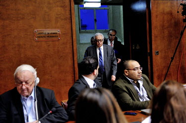 Joint Special Representative Lakhdar Brahimi arriving to give a press conference in the UN press briefing room at the Palais des Nations in Geneva following the second day of direct talks between repr...