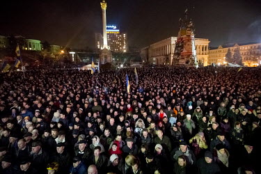 A large crowd gathers on Maidan Nezalezhnosti (Independence Square), renamed EuroMaidan by protesters since November 2013, which has been at the centre of the protest movement, for the funeral of one...