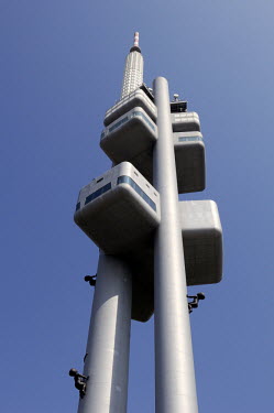 The Zizkov Television Tower, built during the communist era, updated with sculptures of crawling babies by Czech artist David Cerny.