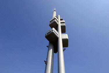 The Zizkov Television Tower, built during the communist era, updated with sculptures of crawling babies by Czech artist David Cerny.