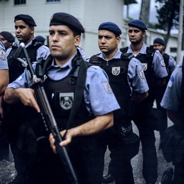 Members of the Unidade de Policia Pacificadora (UPP) at a training facility in South Rio. The UPP is the policing force behind the Pacification Program that aims to make the Favelas of Rio safe and fu...