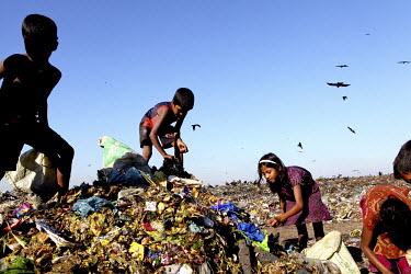 Women and children look for recyclable material at the biggest rubbish dump in Dhaka. The city alone generates about 3500 to 4000 metric tons of solid waste each day.